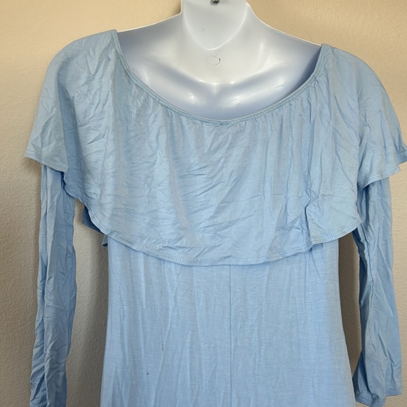 PinkBlush Light Blue Off Shoulder Ruffle Maternity Photoshoot Maxi Dress - Picture 12 of 14